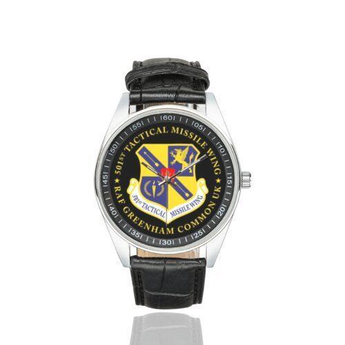 Men's casual watch with a round dial featuring the 501st tmw emblem, silver-tone case and black leather strap.