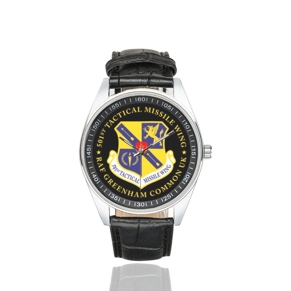 Men's casual watch with a round dial featuring the 501st tmw emblem, silver-tone case and black leather strap.