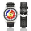 Men's casual watch with a round dial featuring the US Eighth Coast Guard District emblem, silver-tone case and black leather strap, shown with the strap to the side.
