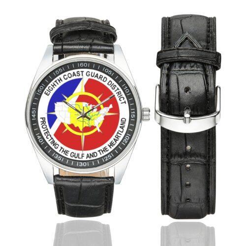 Men's casual watch with a round dial featuring the US Eighth Coast Guard District emblem, silver-tone case and black leather strap, shown with the strap to the side.