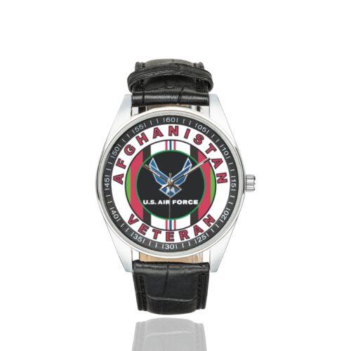 Men's casual watch with a round dial featuring the USAF Afghanistan OEF Veteran emblem, silver-tone case and black leather strap.