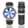 Men's casual watch with a round dial featuring the US 11th Infantry Division emblem, silver-tone case and black leather strap, shown with the strap to the side.