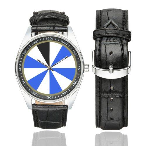Men's casual watch with a round dial featuring the US 11th Infantry Division emblem, silver-tone case and black leather strap, shown with the strap to the side.