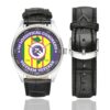 Men's casual watch with a round dial featuring the US Army 1st Logistical Command Vietnam Veteran emblem, silver-tone case and black leather strap, shown with the strap to the side.