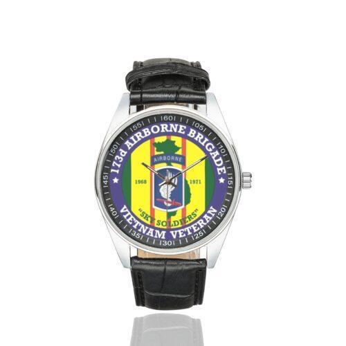 Men's casual watch with a round dial featuring the US Army 173 Airborne BBDE Vietnam emblem, silver-tone case and black leather strap.