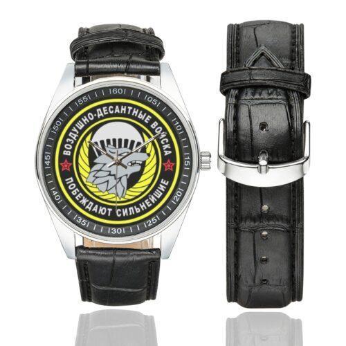 Men's casual watch with a round dial featuring the Russian Military Airborne Recon - Soviet emblem, silver-tone case and black leather strap, shown with the strap to the side.