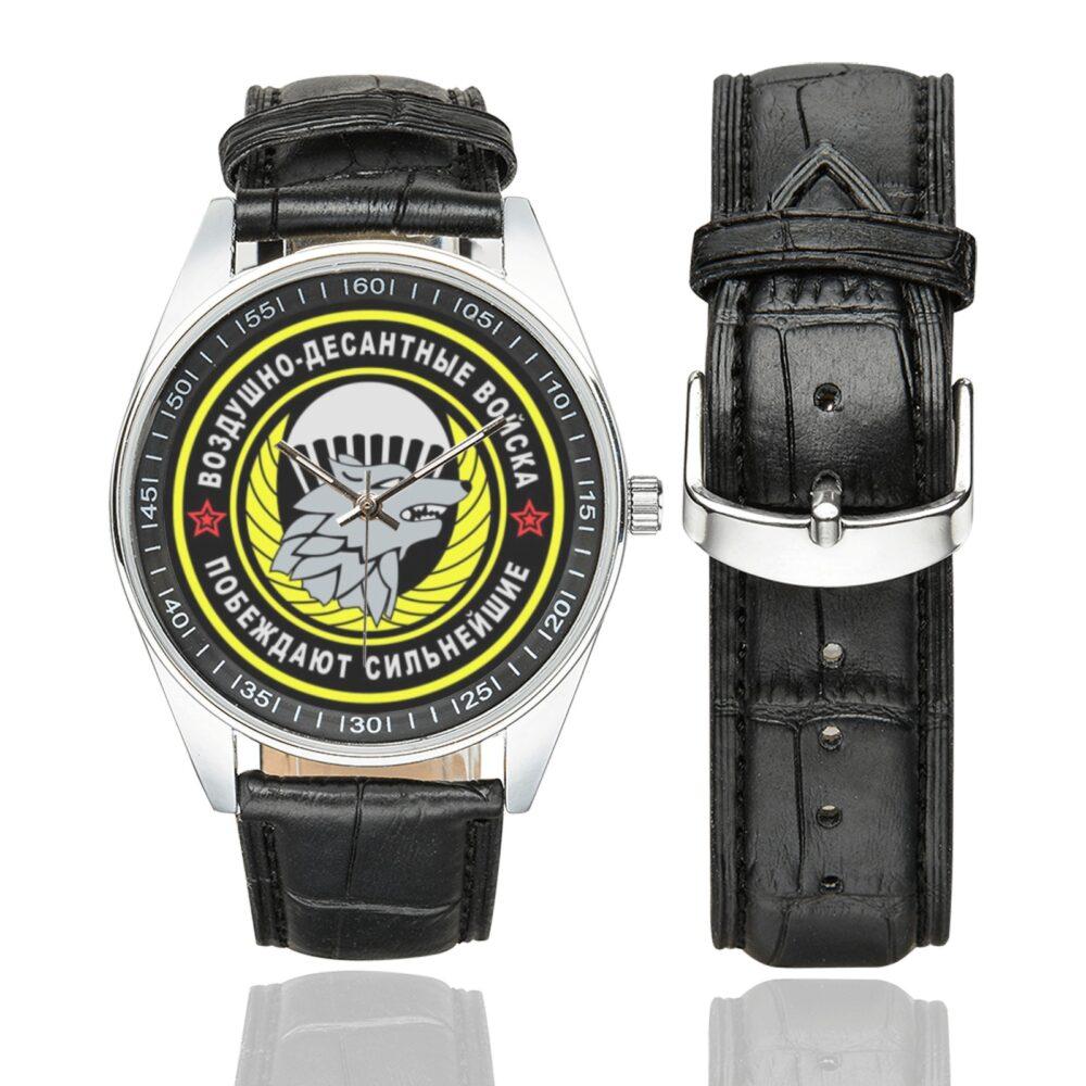 Men's casual watch with a round dial featuring the Russian Military Airborne Recon - Soviet emblem, silver-tone case and black leather strap, shown with the strap to the side.