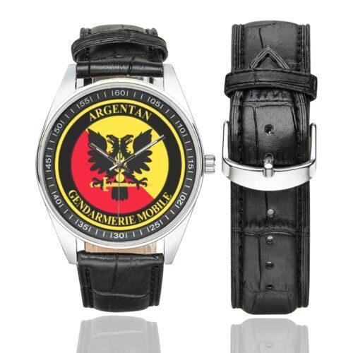 Men's casual watch with a round dial featuring the EGM 23-3 Argentan emblem, silver-tone case and black leather strap, shown with the strap to the side.