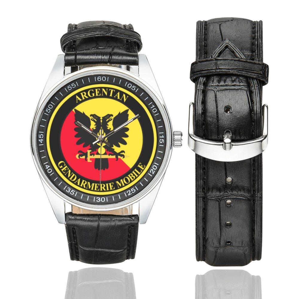 Men's casual watch with a round dial featuring the EGM 23-3 Argentan emblem, silver-tone case and black leather strap, shown with the strap to the side.