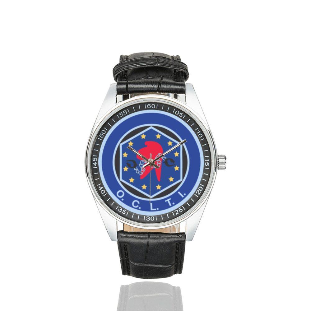 Men's casual watch with a round dial featuring the OCLTI emblem, silver-tone case and black leather strap.