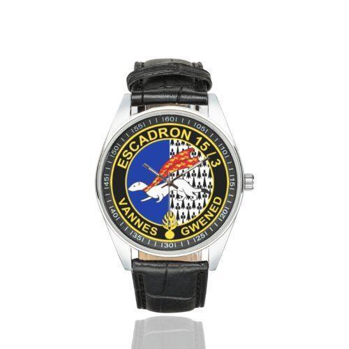 Men's casual watch with a round dial featuring the EGM 15-3 Vannes emblem, silver-tone case and black leather strap.