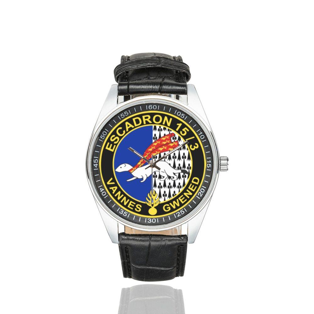 Men's casual watch with a round dial featuring the EGM 15-3 Vannes emblem, silver-tone case and black leather strap.