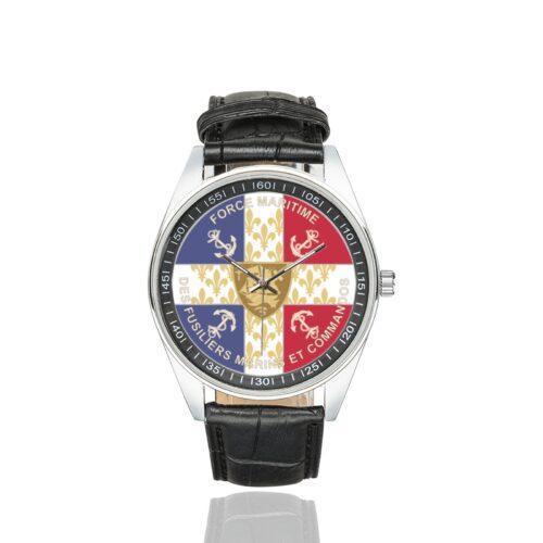 Men's casual watch with a round dial featuring the Force maritime des fusiliers marins et commandos (FORFUSCO) emblem, silver-tone case and black leather strap.