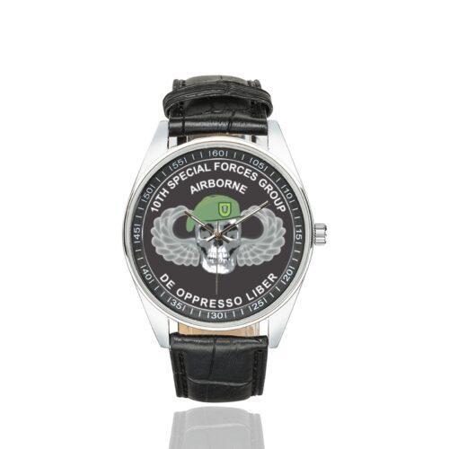 Men's casual watch with a round dial featuring the 10th Special Forces Group emblem, silver-tone case and black leather strap.