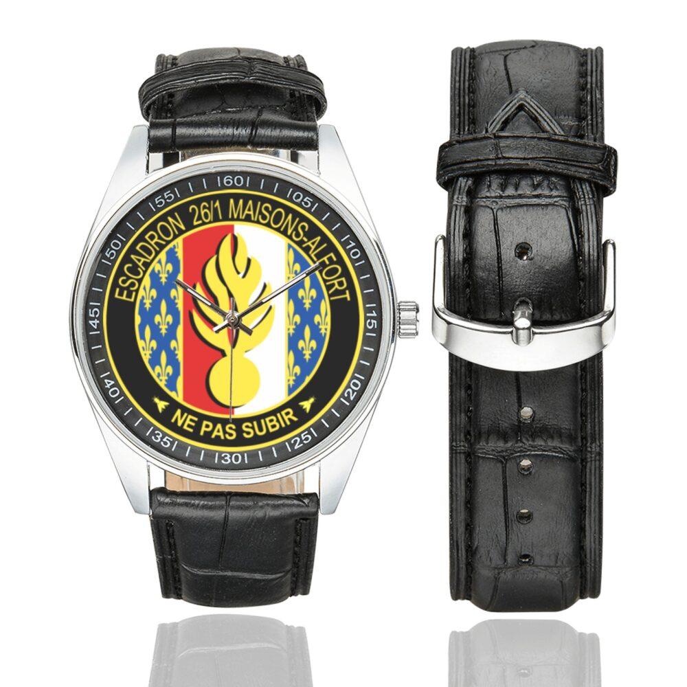 Men's casual watch with a round dial featuring the EGM 26-1 Maisons-Alfort emblem, silver-tone case and black leather strap, shown with the strap to the side.