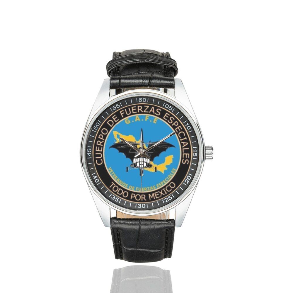 Men's casual watch with a round dial featuring the Mexican Special Forces emblem, silver-tone case and black leather strap.