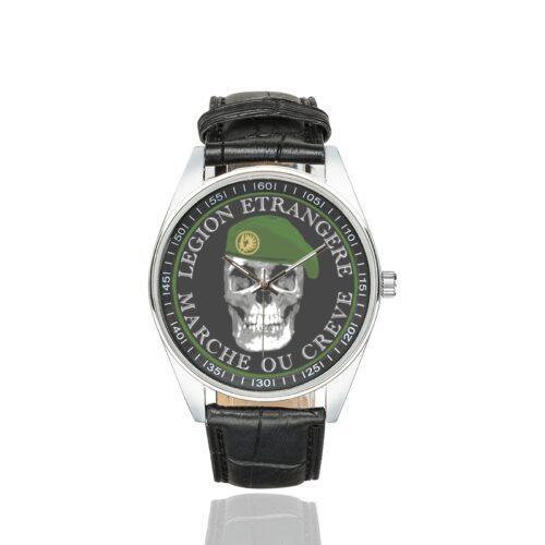Men's casual watch with a round dial featuring the French Foreign Legion Marche ou Creve ! emblem, silver-tone case and black leather strap.