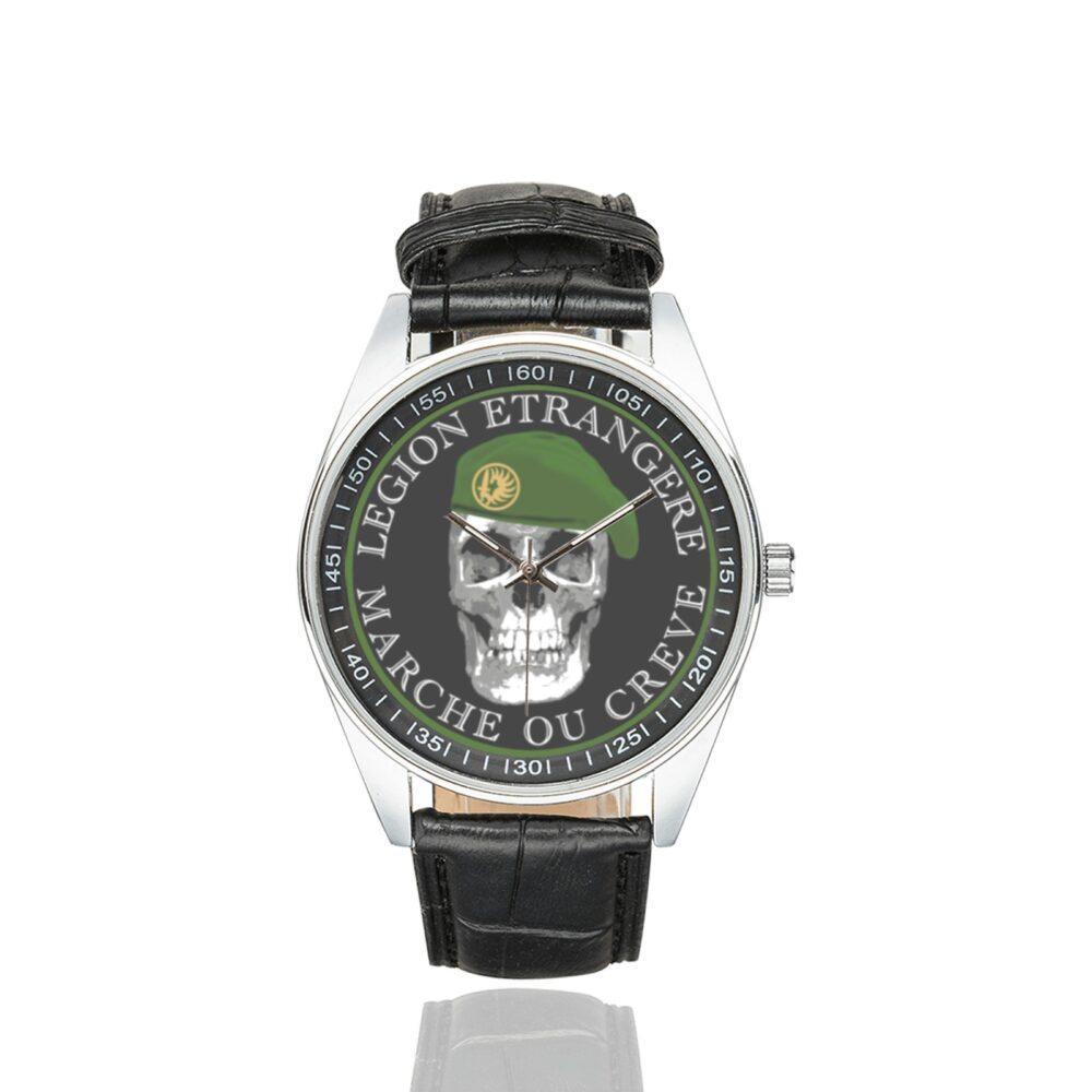 Men's casual watch with a round dial featuring the French Foreign Legion Marche ou Creve ! emblem, silver-tone case and black leather strap.