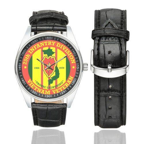 Men's casual watch with a round dial featuring the US Army 25th Infantry Division Vietnam Veteran emblem, silver-tone case and black leather strap, shown with the strap to the side.