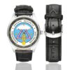 Men's casual watch with a round dial featuring the Groupe de sécurité de la présidence de la République (GSPR) emblem, silver-tone case and black leather strap, shown with the strap to the side.