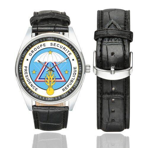 Men's casual watch with a round dial featuring the Groupe de sécurité de la présidence de la République (GSPR) emblem, silver-tone case and black leather strap, shown with the strap to the side.
