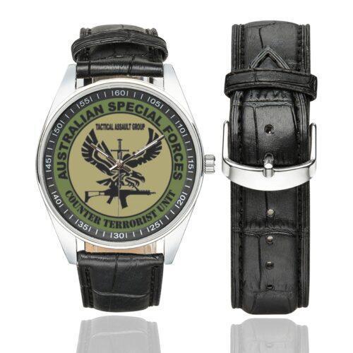 Men's casual watch with a round dial featuring the Australian Special forces Counter Terrorism Unit emblem, silver-tone case and black leather strap, shown with the strap to the side.