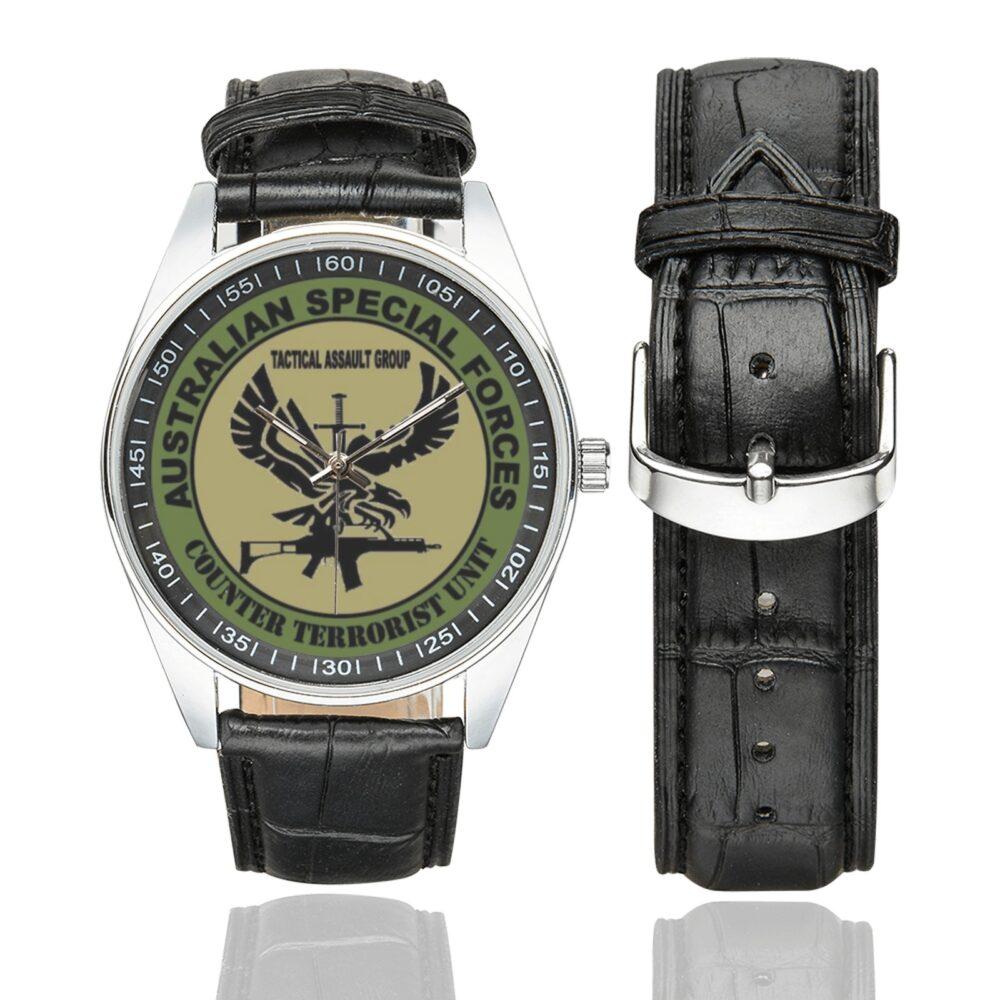 Men's casual watch with a round dial featuring the Australian Special forces Counter Terrorism Unit emblem, silver-tone case and black leather strap, shown with the strap to the side.
