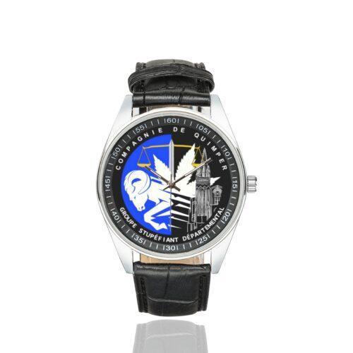 Men's casual watch with a round dial featuring the GSD quimper emblem, silver-tone case and black leather strap.