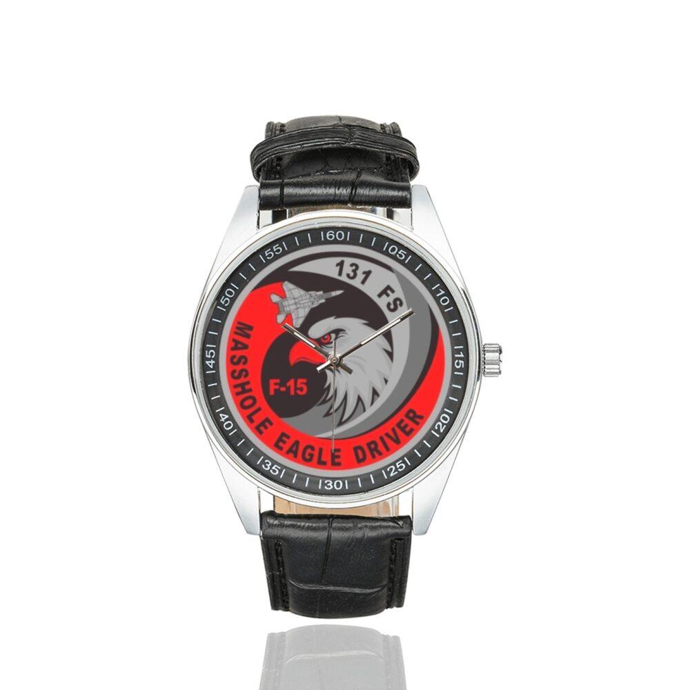 Men's casual watch with a round dial featuring the USAF 131st Fighter Squadron Masshole Eagle Driver emblem, silver-tone case and black leather strap.