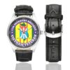 Men's casual watch with a round dial featuring the US Army 11th Infantry Division Vietnam Veteran- emblem, silver-tone case and black leather strap, shown with the strap to the side.