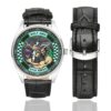 Men's casual watch with a round dial featuring the USAF 57TH AMXS BOLT AMU F-35 emblem, silver-tone case and black leather strap, shown with the strap to the side.