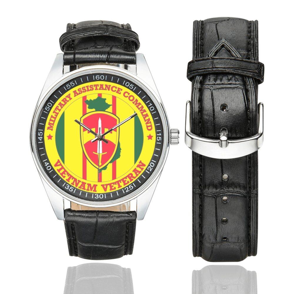 Men's casual watch with a round dial featuring the US Army Military Assistance Command Vietnam Veteran emblem, silver-tone case and black leather strap, shown with the strap to the side.