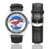 Men's casual watch with a round dial featuring the USAF 123rd Fighter Squadron emblem, silver-tone case and black leather strap, shown with the strap to the side.