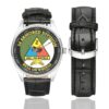 Men's casual watch with a round dial featuring the US Army 2D Armored Division- emblem, silver-tone case and black leather strap, shown with the strap to the side.