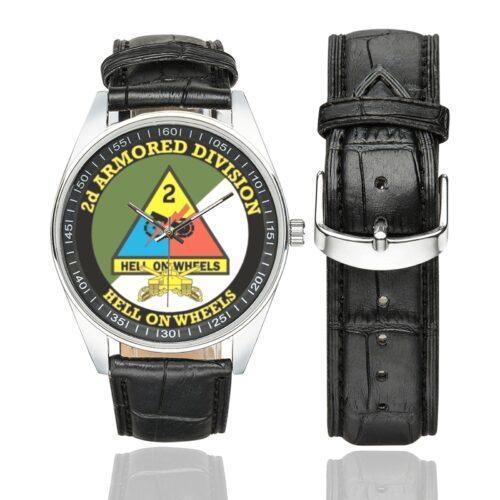 Men's casual watch with a round dial featuring the US Army 2D Armored Division- emblem, silver-tone case and black leather strap, shown with the strap to the side.