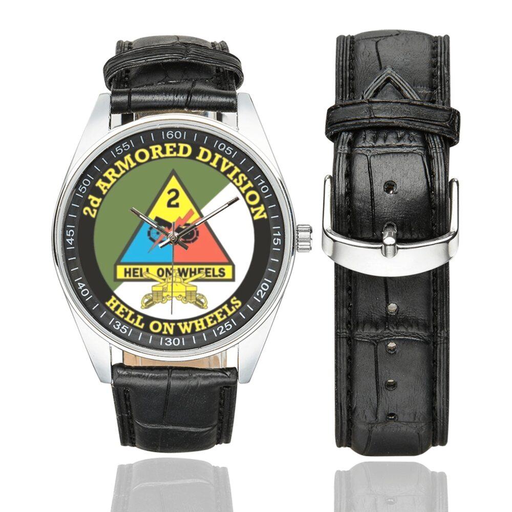 Men's casual watch with a round dial featuring the US Army 2D Armored Division- emblem, silver-tone case and black leather strap, shown with the strap to the side.