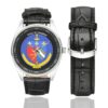 Men's casual watch with a round dial featuring the EG Chaumont emblem, silver-tone case and black leather strap, shown with the strap to the side.
