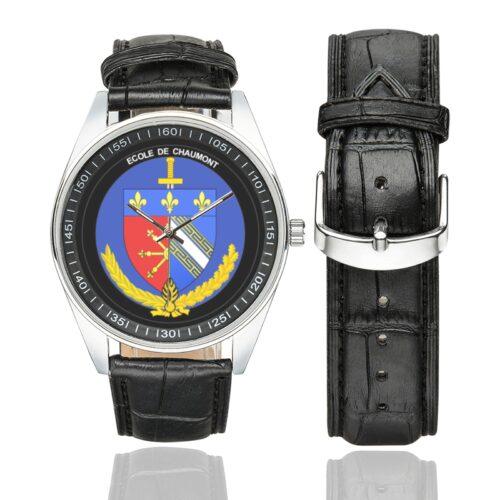 Men's casual watch with a round dial featuring the EG Chaumont emblem, silver-tone case and black leather strap, shown with the strap to the side.