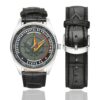 Men's casual watch with a round dial featuring the Stups 93 emblem, silver-tone case and black leather strap, shown with the strap to the side.