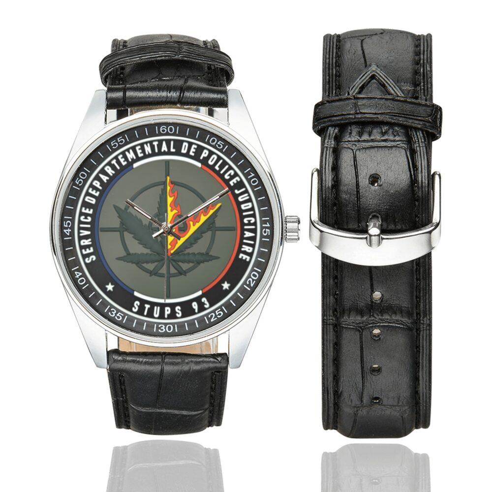 Men's casual watch with a round dial featuring the Stups 93 emblem, silver-tone case and black leather strap, shown with the strap to the side.