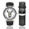 Men's casual watch with a round dial featuring the 101st Airborne Army Paratrooper emblem, silver-tone case and black leather strap, shown with the strap to the side.