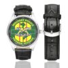 Men's casual watch with a round dial featuring the US Army Military Police Vietnam Veteran emblem, silver-tone case and black leather strap, shown with the strap to the side.