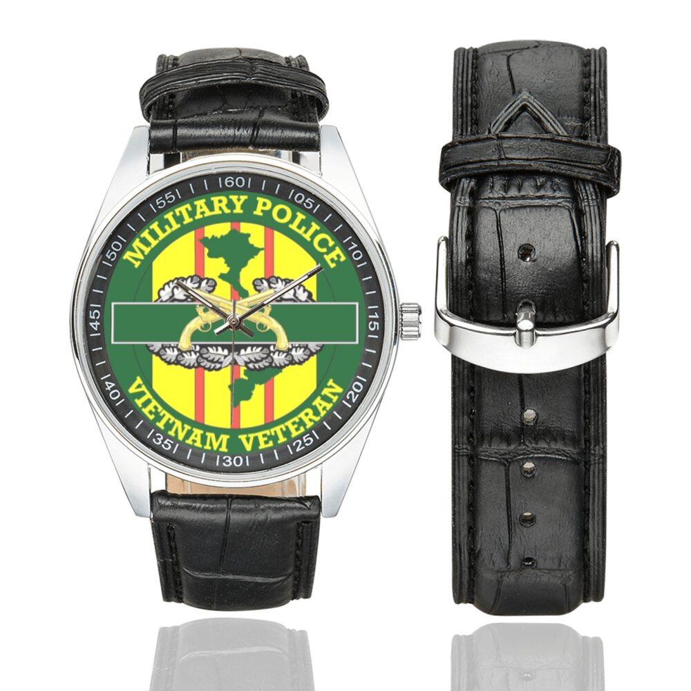 Men's casual watch with a round dial featuring the US Army Military Police Vietnam Veteran emblem, silver-tone case and black leather strap, shown with the strap to the side.