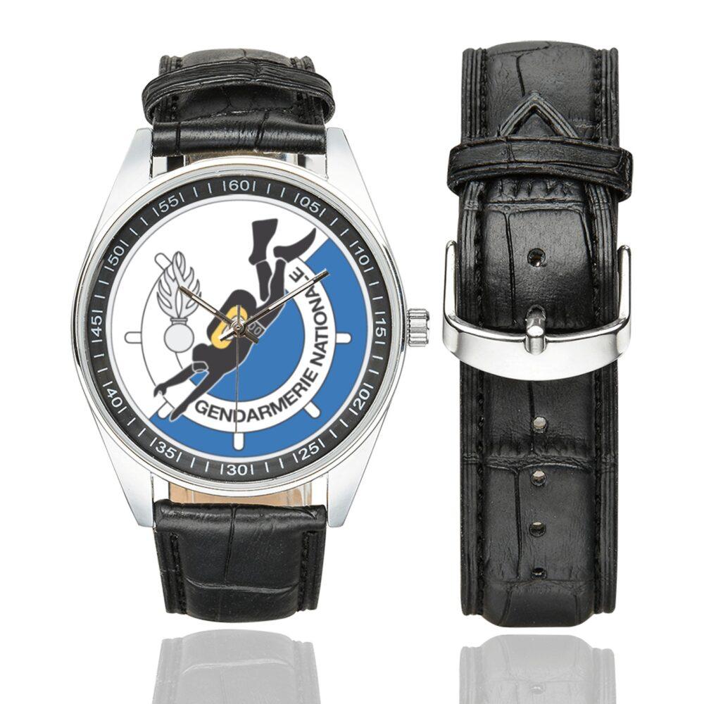 Men's casual watch with a round dial featuring the Plongeurs Gendarmerie emblem, silver-tone case and black leather strap, shown with the strap to the side.