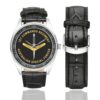 Men's casual watch with a round dial featuring the 1st Commando Regiment Australian Special Forces emblem, silver-tone case and black leather strap, shown with the strap to the side.