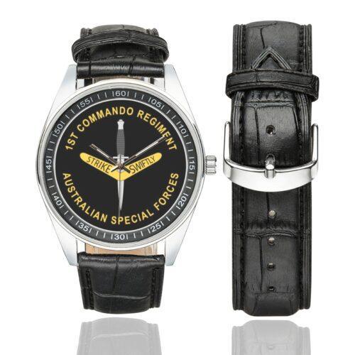 Men's casual watch with a round dial featuring the 1st Commando Regiment Australian Special Forces emblem, silver-tone case and black leather strap, shown with the strap to the side.