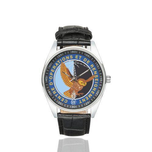 Men's casual watch with a round dial featuring the CORG emblem, silver-tone case and black leather strap.