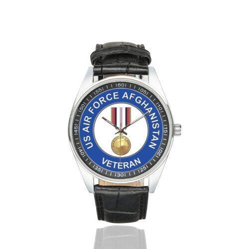 Men's casual watch with a round dial featuring the USAF Afghanistan Veteran emblem, silver-tone case and black leather strap.