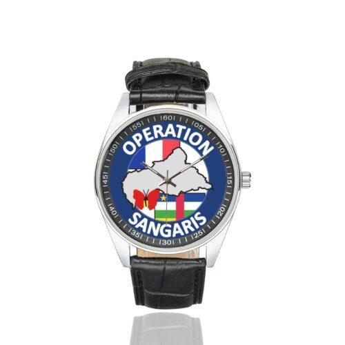 Men's casual watch with a round dial featuring the Opération Sangaris emblem, silver-tone case and black leather strap.