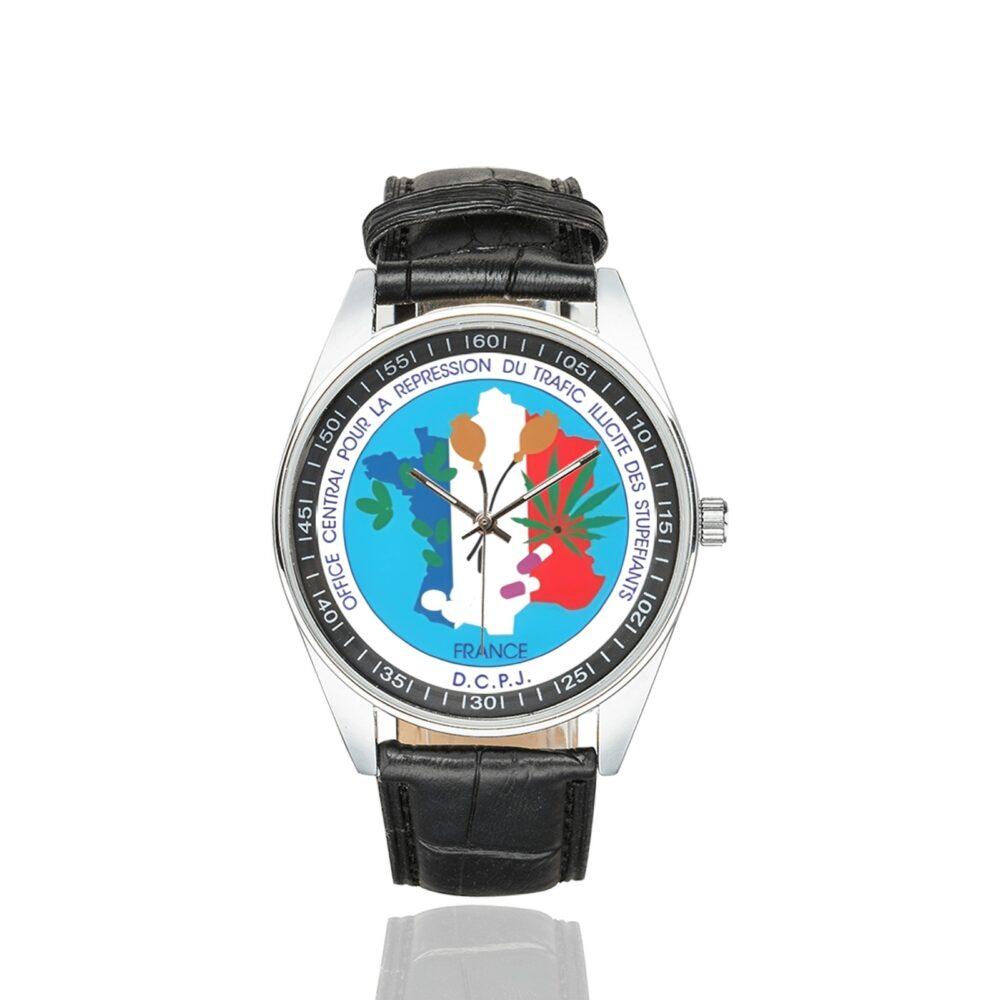 Men's casual watch with a round dial featuring the OCTRIS emblem, silver-tone case and black leather strap.